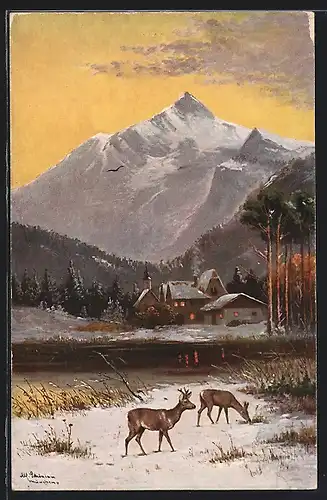 Künstler-AK Alfred Schönian: Rehe am Waldrand