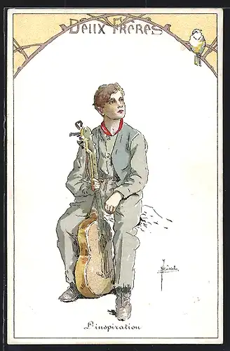 Künstler-AK sign. J. v. Bussche: Mann hält seine Gitarre in der Hand