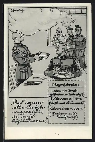 Künstler-AK Ferdinand Barlog: Magenfahrplan, Kälberzähne m. Spatz, Soldaten in der Kantine