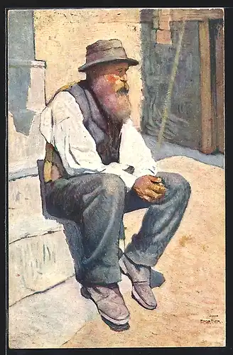 Künstler-AK Älterer Mann sitzt auf Treppenstufen, Pro Juventute