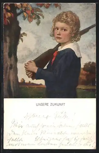 Künstler-AK Ludwig von Zumbusch: Unsere Zukunft, Knabe maschiert mit einem Gewehr