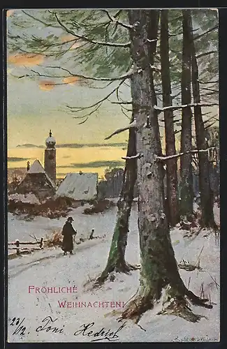 Künstler-AK August Splitgerber: Fröhliche Weihnachten, winterliche Landschaft mit Dorf