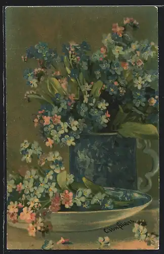 Künstler-AK Clara von Sivers: Blumenvase mit Vergissmeinnicht