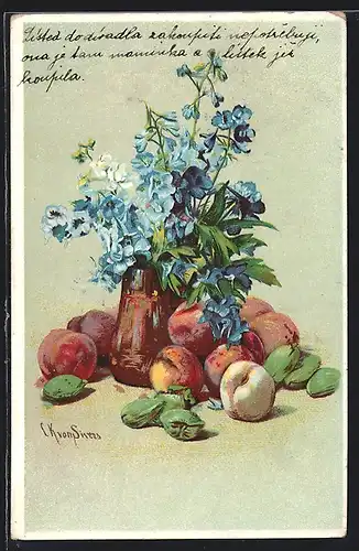 Künstler-AK Clara von Sivers: Stillleben mit blauen Blumen, Pfirsichen und Mandeln