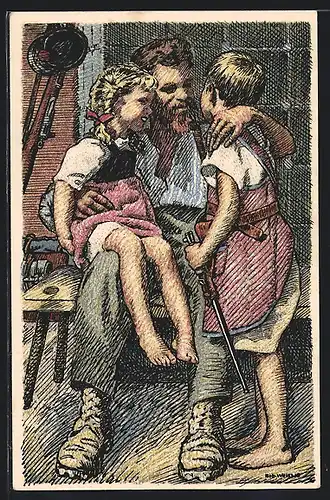 AK Wieder daheim, Vater mit seinen Kindern, Schweizerische Nationalspende für unsere Soldaten