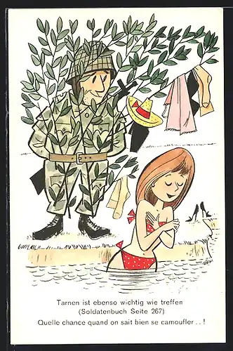 Künstler-AK schweizer Soldat in Tarnung beäugt Frau im Bikini