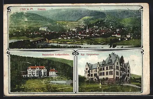 AK Lohr / Main, Sanatorium Luitpoldheim, Kgl. Gymnasium, Panorama