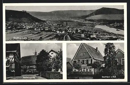 AK Grossheubach a. Main, Totalansicht aus der Vogelschau, Rathauspartie und Gasthaus z. Ross