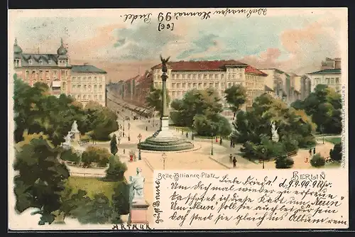 Lithographie Berlin-Kreuzberg, Belle-Alliance-Platz aus der Vogelschau