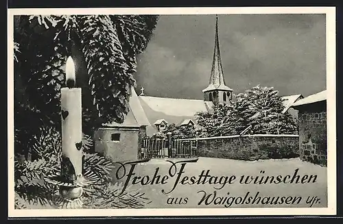 AK Waigolshausen, Verschneite Kirche mit Kerze im Vordergrund