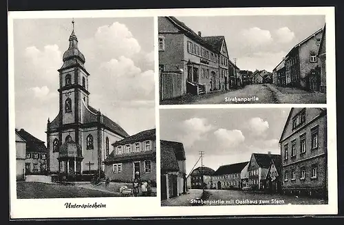 AK Unterspiesheim, Gasthaus zum Stern, Strassenpartie mit Geschäft, Kirche