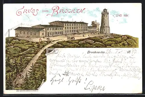 Lithographie Brocken, Brocken-Hotel und Aussichtsturm
