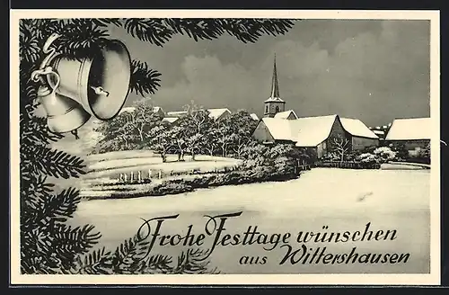 Künstler-AK Wittershausen, Ortspartie mit Kirche im Winter