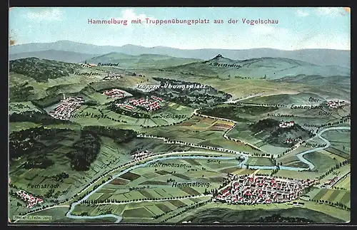 Künstler-AK Eugen Felle: Hammelburg, Ortschaft mit Truppenübungsplatz aus der Vogelschau