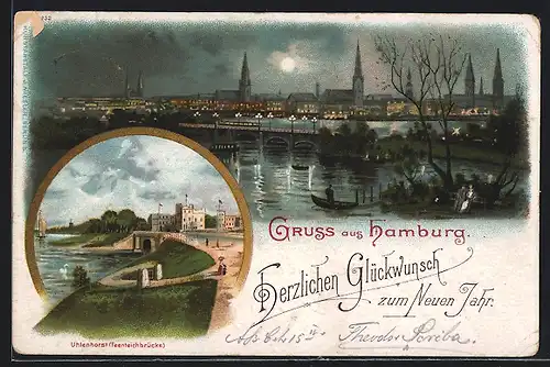 Mondschein-Lithographie Hamburg, Feenteichbrücke in Uhlenhorst, Totalansicht