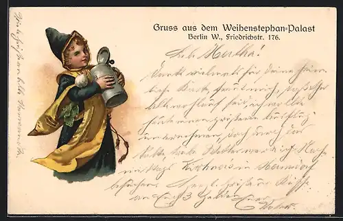 Lithographie Berlin, Weihenstephan-Palast, Friedrichstrasse 176, Münchner Kindl mit Bierkrug