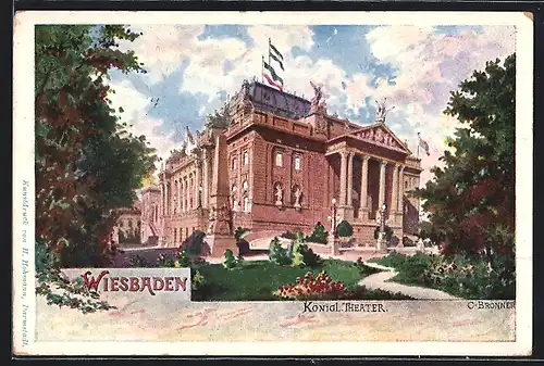 Lithographie Wiesbaden, Königl.Theater mit Park