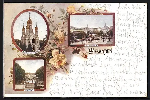 Lithographie Wiesbaden, Kurhaus, Griech. Kirche & Kochbrunnen