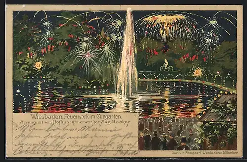 Lithographie Wiesbaden, Feuerwerk von Aug. Becker im Curgarten