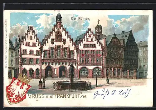 Lithographie Alt-Frankfurt, Die Römer mit MArktplatz, Brunnen und Wappen