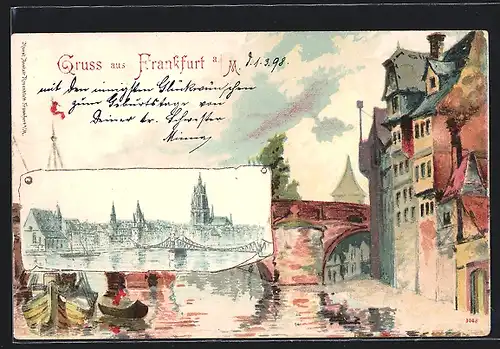 Lithographie Alt-Frankfurt, Ortspartie mit Brücke