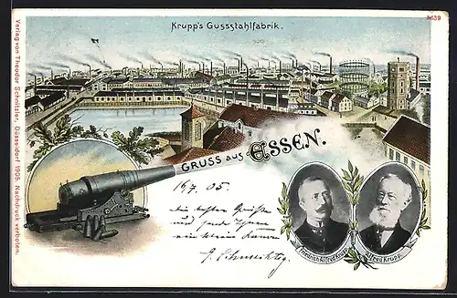 AK Essen, Krupp`s Gussstahlfabrik, Friedrich Alfred Krupp und Alfred Krupp im Porträt