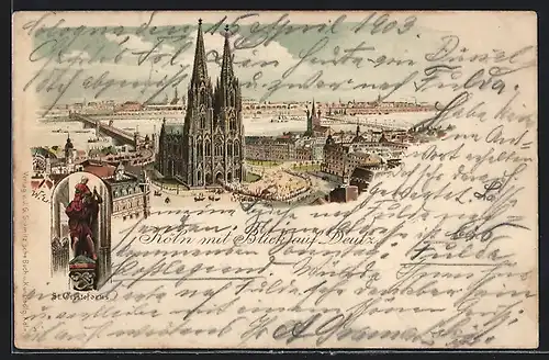 Lithographie Köln, Panorama mit Blick auf Deutz, St. Cristoforus