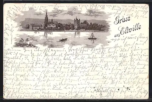 Lithographie Eltville, Panorama mit Kirche und Schloss