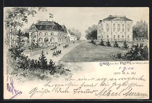 Künstler-AK Wiesbaden, Gasthaus Platte mit Kutschen