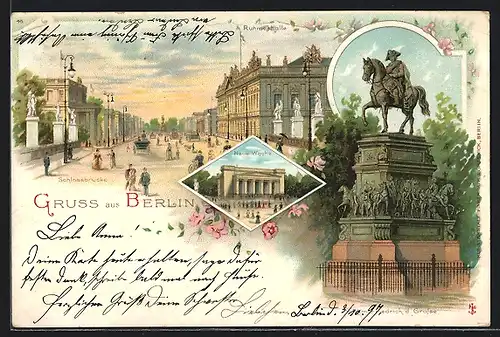 Lithographie Berlin, Schlossbrücke und Ruhmeshalle, Denkmal Friedrichs des Grossen