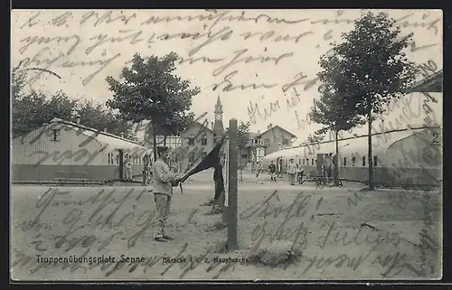 AK Senne, Baracke 1 und 2 und Hauptwache auf dem Truppenübungsplatz, Soldaten in Uniform