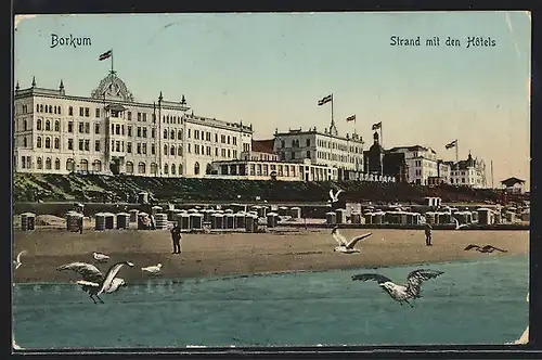 AK Borkum, Strand mit Hotels