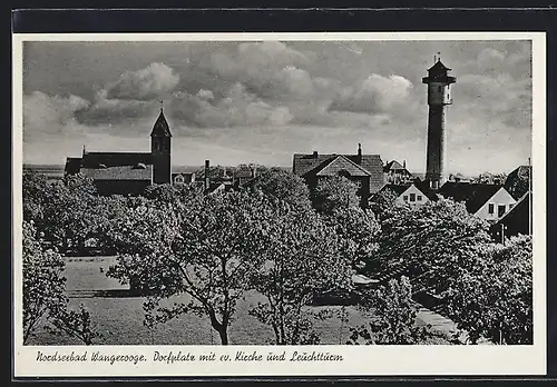 AK Wangerooge, Dorfplatz mit ev. Kirche und Leuchtturm