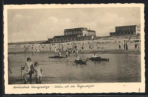 AK Wangerooge / Nordseebad, badende Kinder im Meer, Strandblick