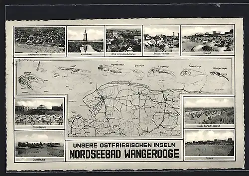 AK Wangerooge / Nordseebad, Inselbahn, Westturm, Zedeliusstrasse, Landkarte