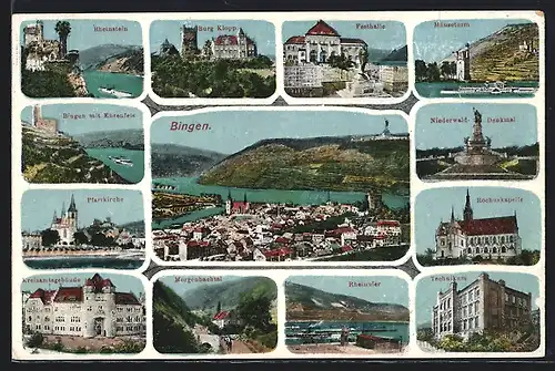 AK Bingen, Burg Klopp, Mäuseturm, Technikum, Niederwald-Denkmal
