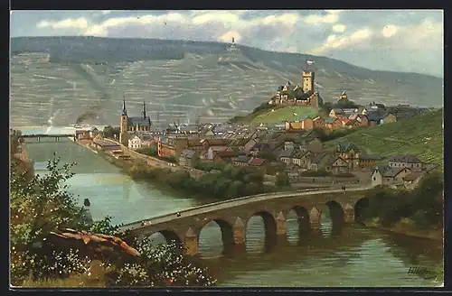AK Bingen, Ortsansicht mit Burg Klopp und Drususbrücke
