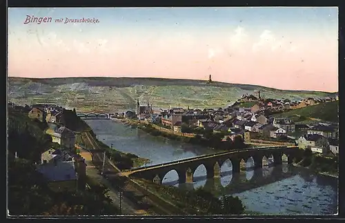AK Bingen, Ortsansicht mit Drususbrücke