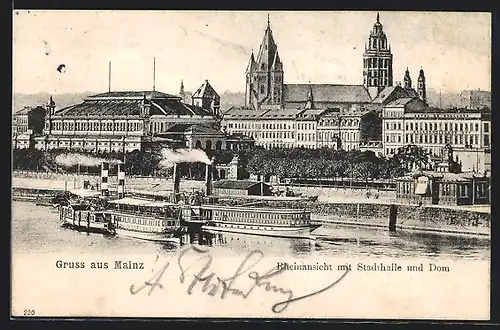 AK Mainz, Rheinansicht mit Stadthalle und Dom