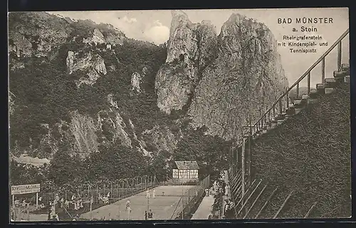 AK Bad Münster a. Stein, Rheingrafenstein mit Kinderspiel- und Tennisplatz