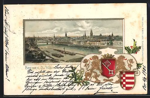 Passepartout-Lithographie Bremen, Stadtpanorama, Wappen