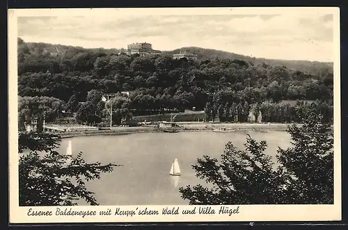 AK Essen, Baldeneysee mit Krupp'schen Wald und Villa Hügel