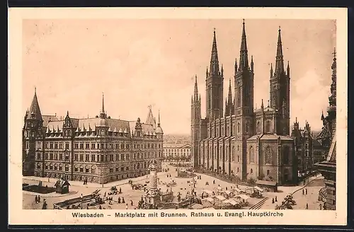 AK Wiesbaden, Marktplatz mit Brunnen, Rathaus und Evangl. Hauptkirche
