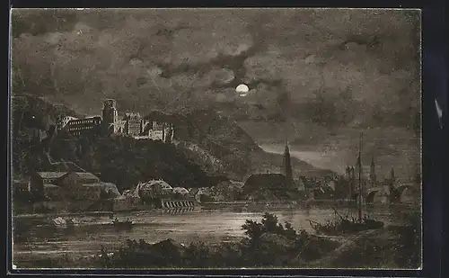 AK Heidelberg / Neckar, Schloss bei Mondschein