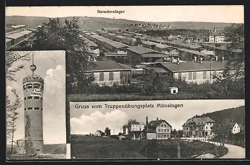 AK Münsingen, Turm Falkenhausen, Baracken und Gebäude auf dem Truppenübungsplatz