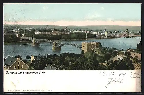 AK Coblenz, Ortsansicht mit Eisenbahnbrücke