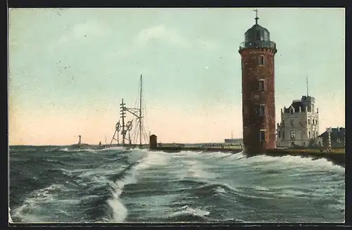 AK Cuxhaven, Semaphor, Leuchtturm u. Telegraphengebäude bei Springflut