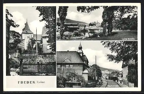 AK Freden / Leine, Bachstrasse, Leine-Brücke, Kirche