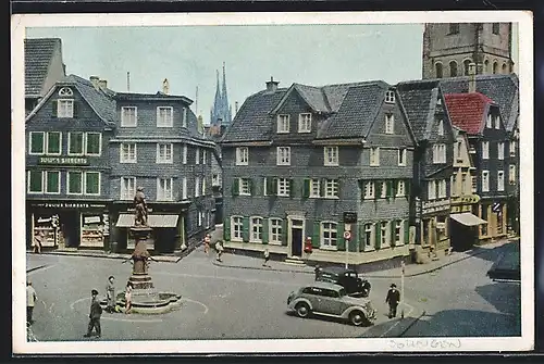 AK Solingen, Auf dem Alten Markt mit Geschäften und Denkmal