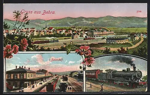 AK Bebra, Gesamtansicht mit Bahnhof, Bahnhof mit Zügen